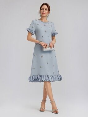 Rich Radi QS NY Sz M Hand-Sewn Beaded Floral-Trim Dress 3D Embellished